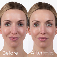 Before and after EltaMD UV Physical tinted sunscreen on a woman's face, showing a natural finish and sheer coverage