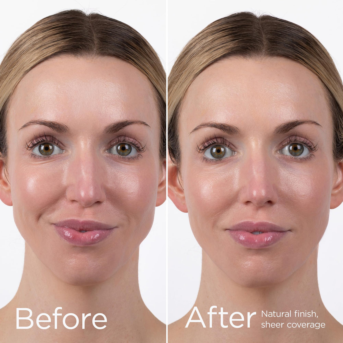 Before and after EltaMD UV Physical tinted sunscreen on a woman's face, showing a natural finish and sheer coverage