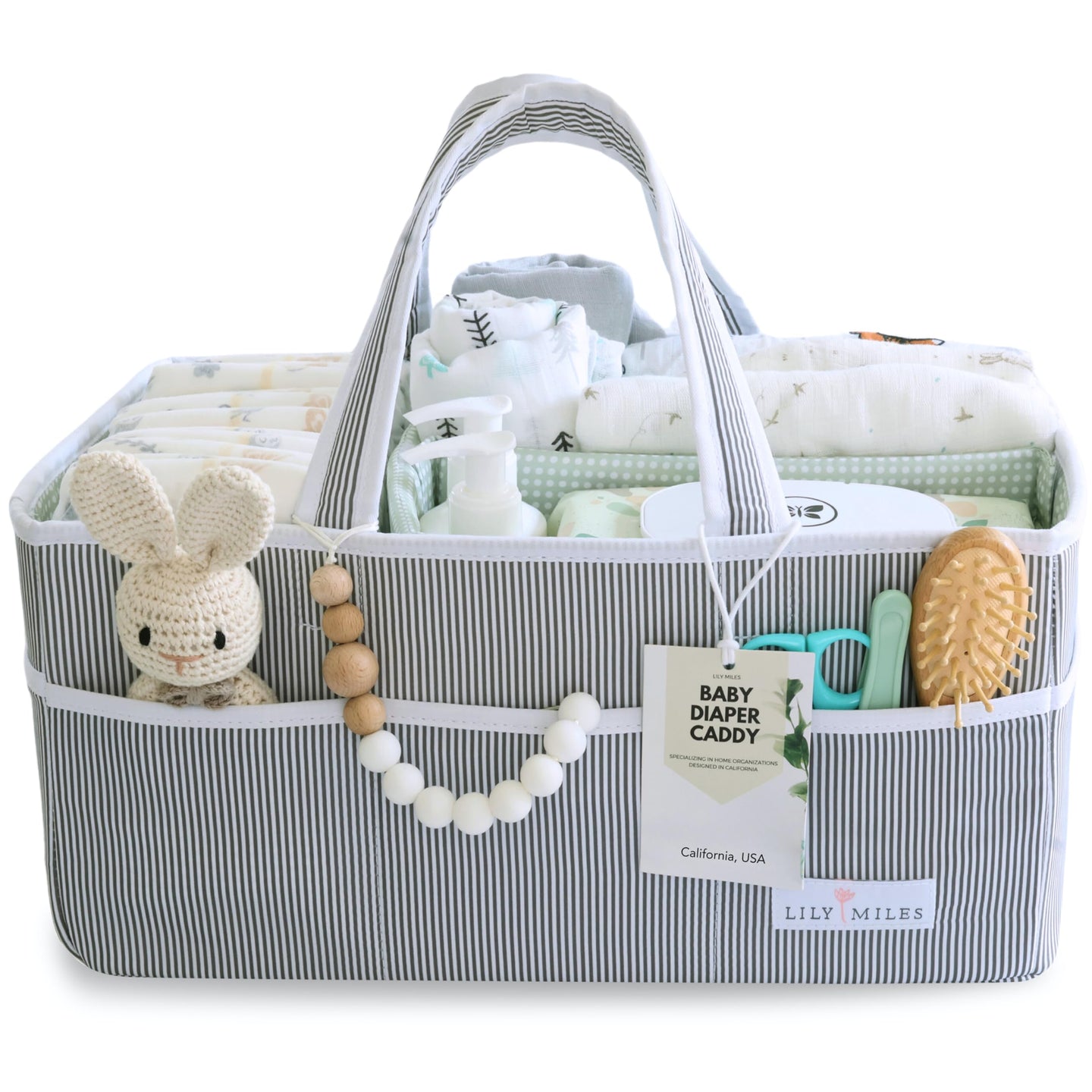 Baby Diaper Caddy from Lily Miles, featuring organized newborn essentials and cute accessories.