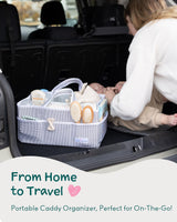 Baby diaper caddy in a car trunk, ideal portable organizer for newborn essentials.