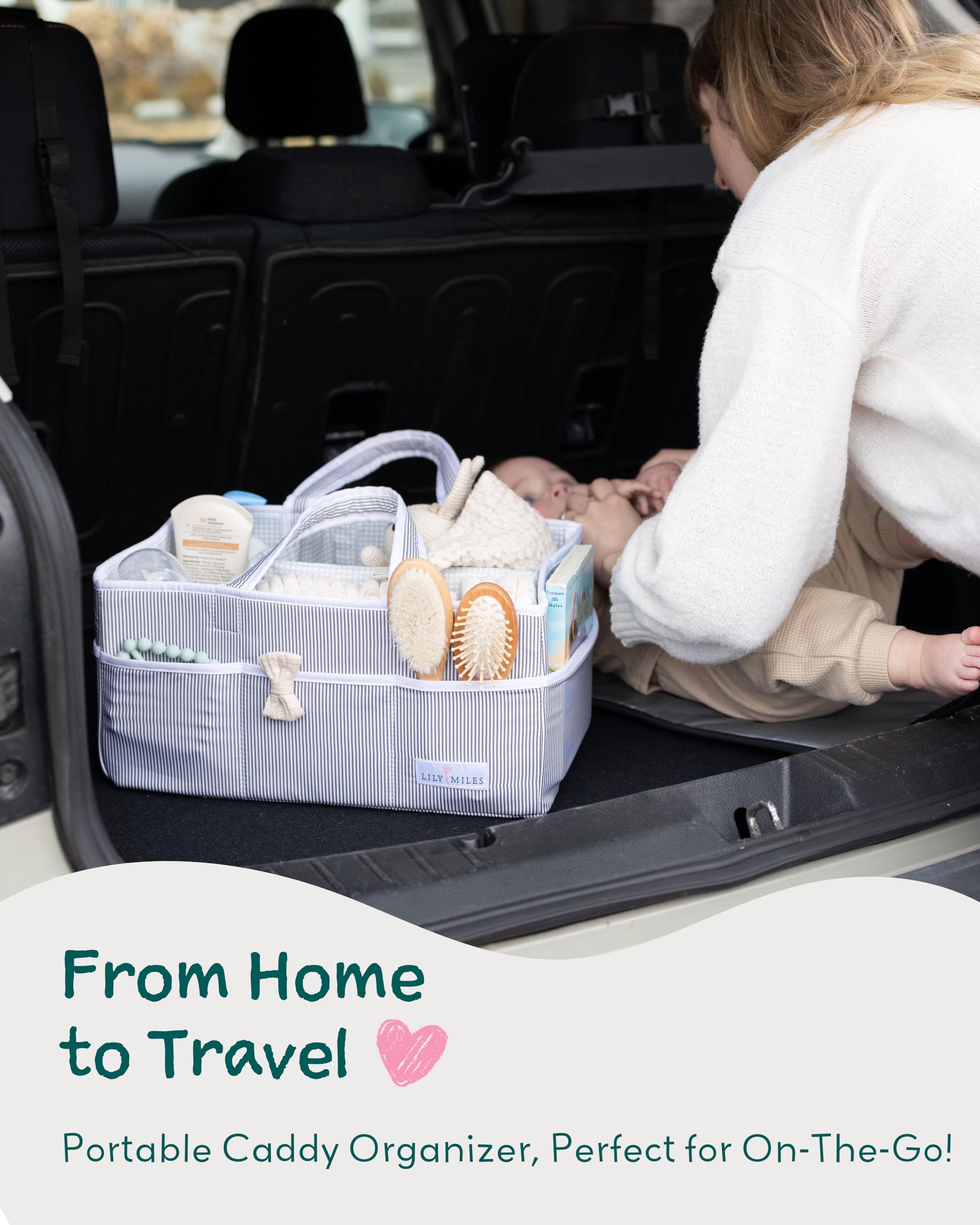Baby diaper caddy in a car trunk, ideal portable organizer for newborn essentials.