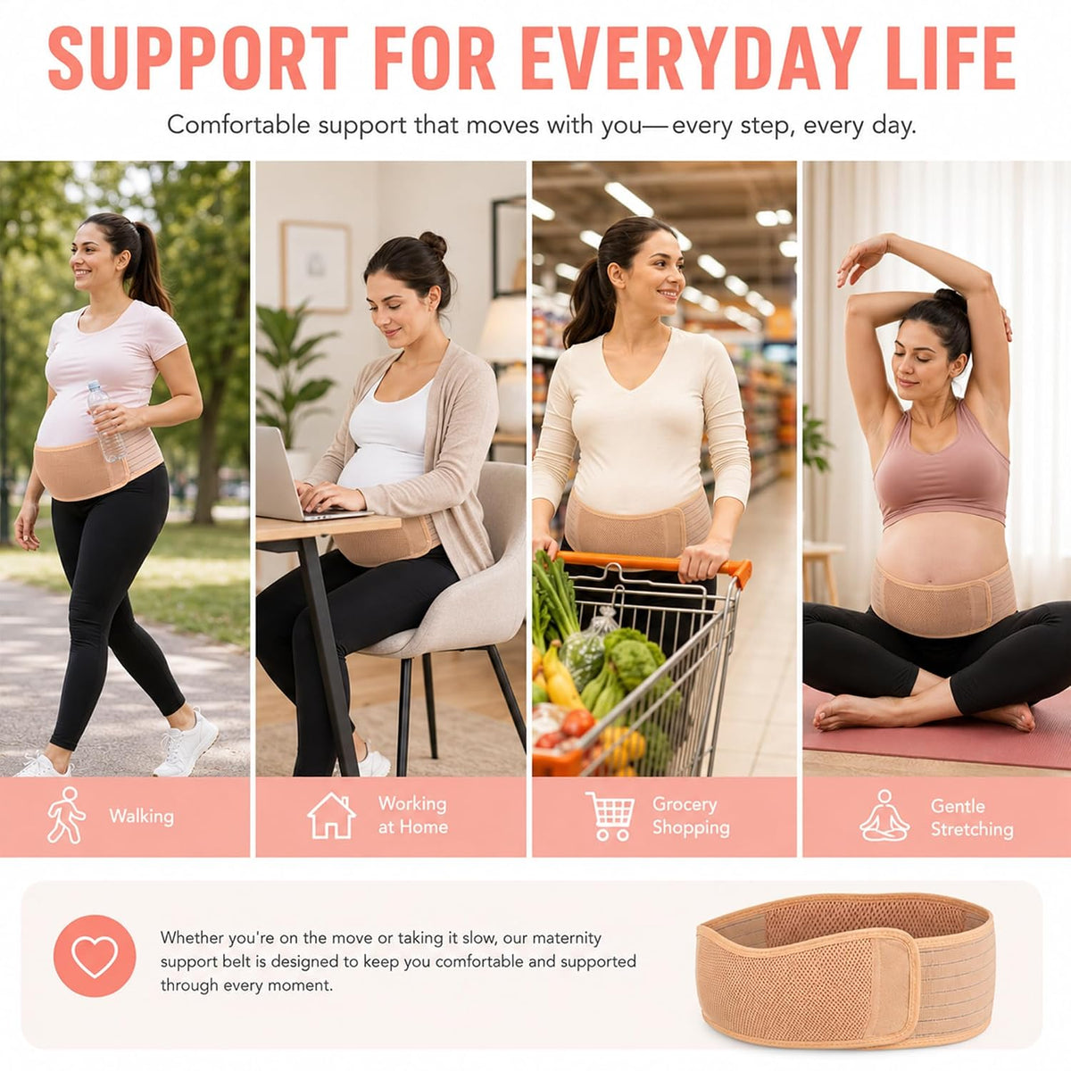 AZMED shows the belt worn while walking, working at a desk, shopping and stretching, two of which are the moments physiotherapy guidance says to take it off.