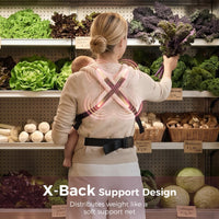 Back view of a mother shopping with the Momcozy PureHug carrier, showing the X-back straps and waist belt