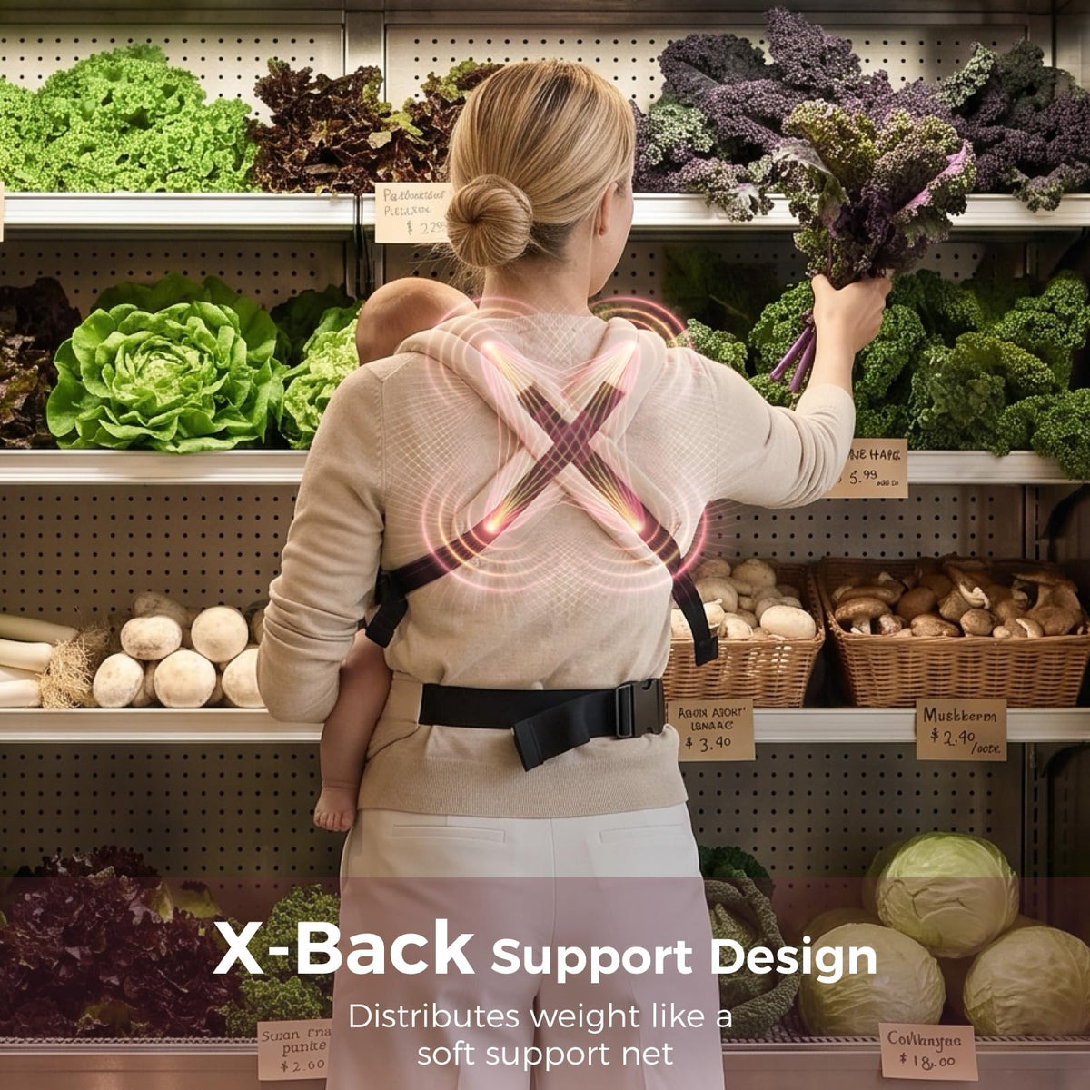 Back view of a mother shopping with the Momcozy PureHug carrier, showing the X-back straps and waist belt