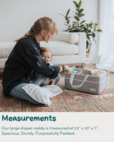 Lily Miles baby diaper caddy being used by a mother with child, showcasing its dimensions and organization features.