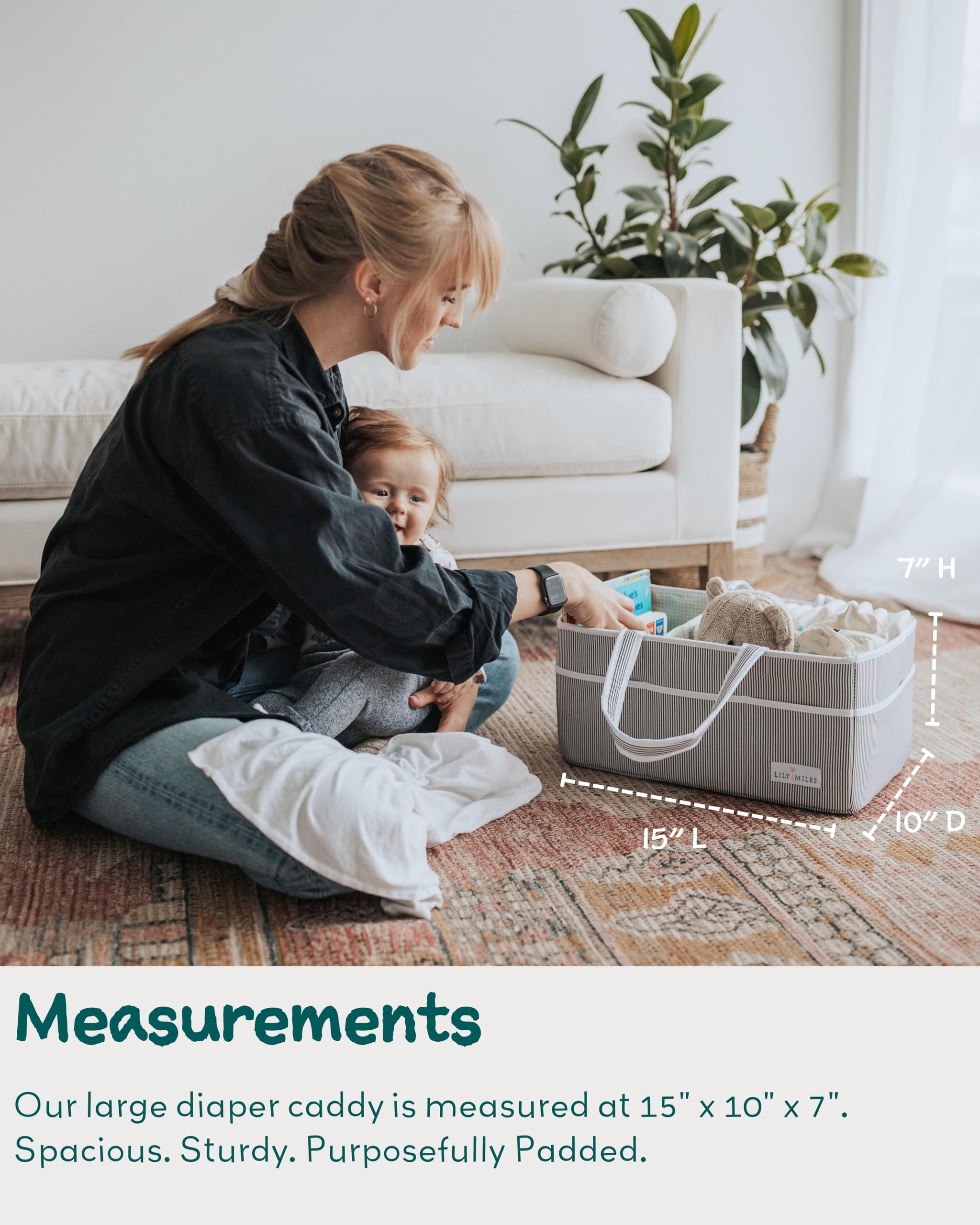Lily Miles baby diaper caddy being used by a mother with child, showcasing its dimensions and organization features.