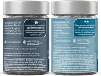 Back labels of both bottles: suggested use of two capsules daily, and the caution panel advising a physician consult if pregnant or nursing.