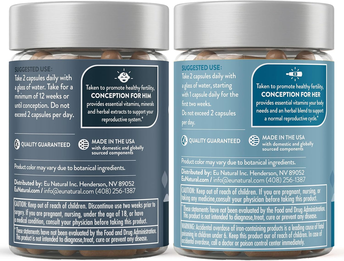 Back labels of both bottles: suggested use of two capsules daily, and the caution panel advising a physician consult if pregnant or nursing.