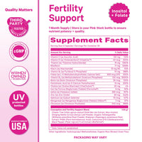 Supplement facts for Pink Stork prenatal vitamins to get pregnant, featuring fertility support nutrients.
