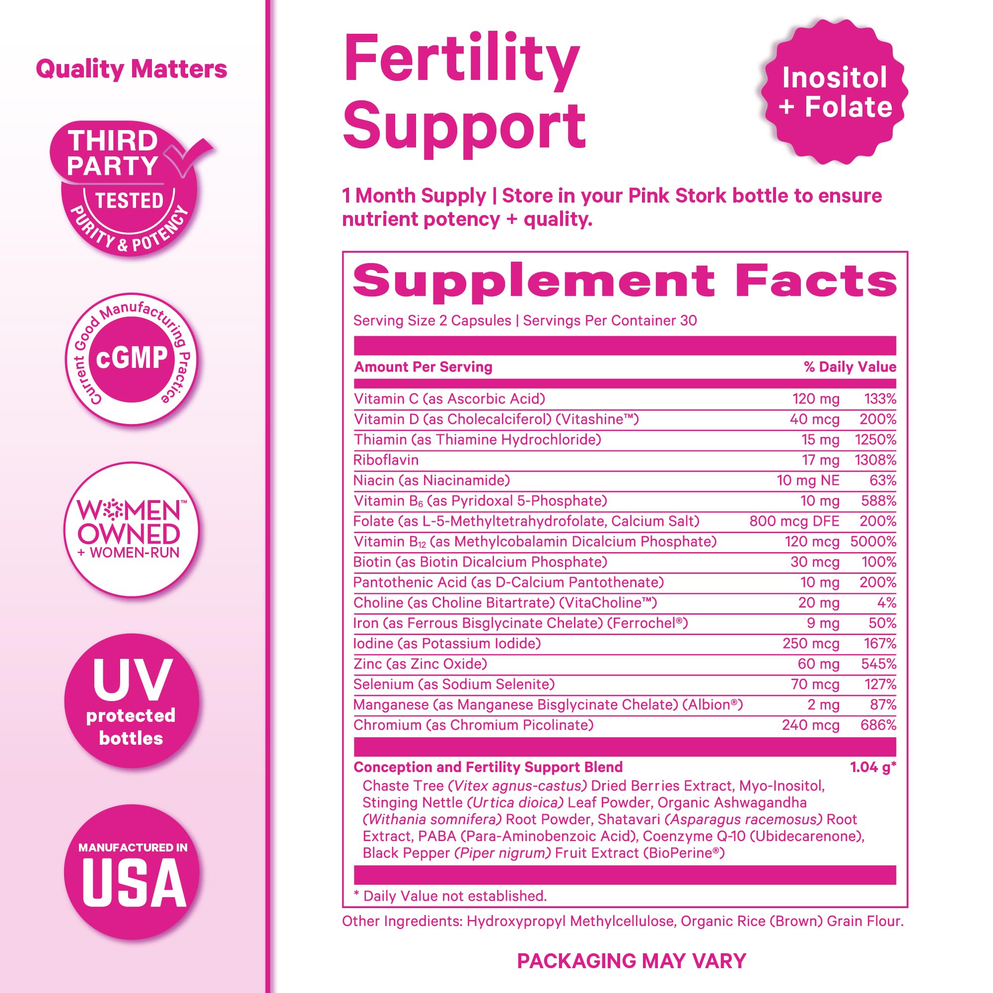 Supplement facts for Pink Stork prenatal vitamins to get pregnant, featuring fertility support nutrients.