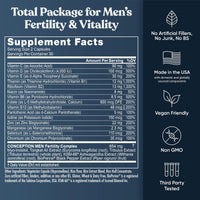 Conception for Him supplement facts panel showing 22 mg zinc, 110 mcg selenium, 800 mcg DFE folate and the 854 mg fertility complex