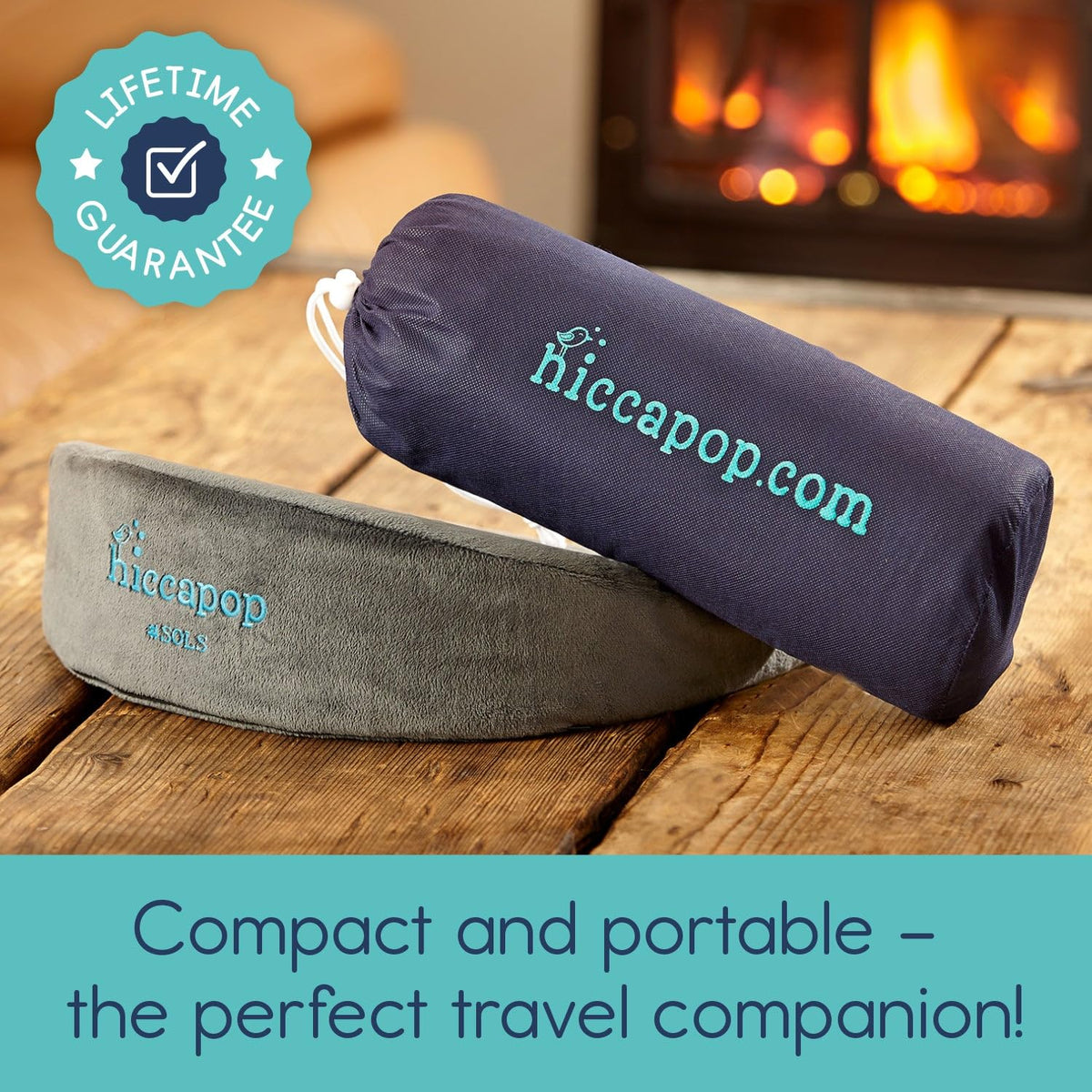 Hiccapop pregnancy wedge pillow next to its navy carry bag