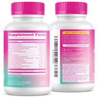 Front and back of the Pink Stork Total Postnatal bottle showing the supplement facts panel and directions to take two capsules daily with food