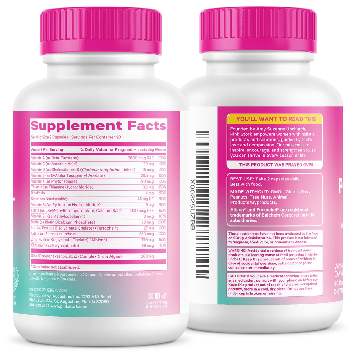 Front and back of the Pink Stork Total Postnatal bottle showing the supplement facts panel and directions to take two capsules daily with food