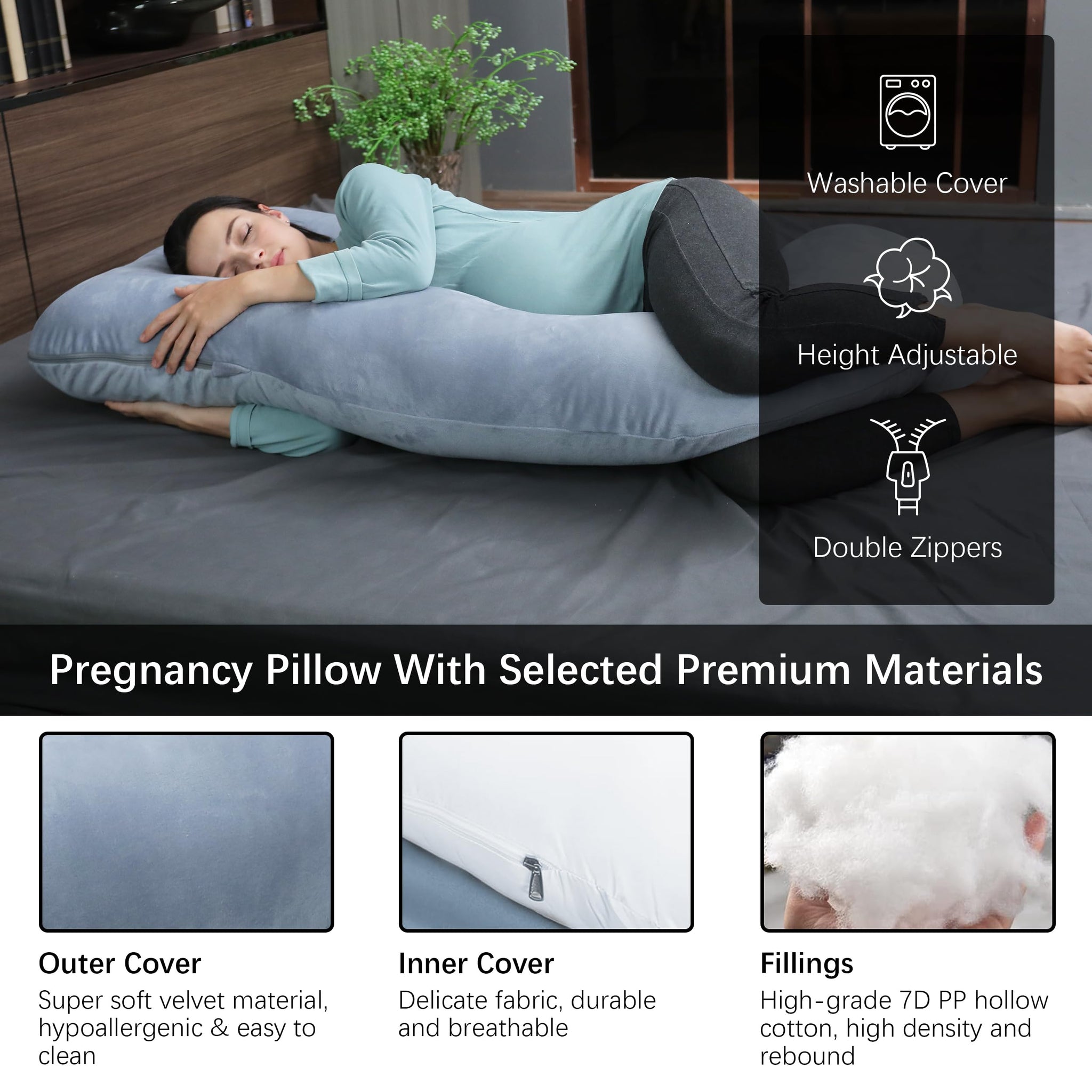 Pregnancy pillow for sleeping, U-shaped design, adjustable height, washable cover, premium materials for comfort.