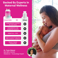 Comparison claiming Pink Stork offers added iron and DHA and postpartum-specific formulation where other postnatals do not, endorsed by Dr Tosin Odunsi, MD MPH FACOG
