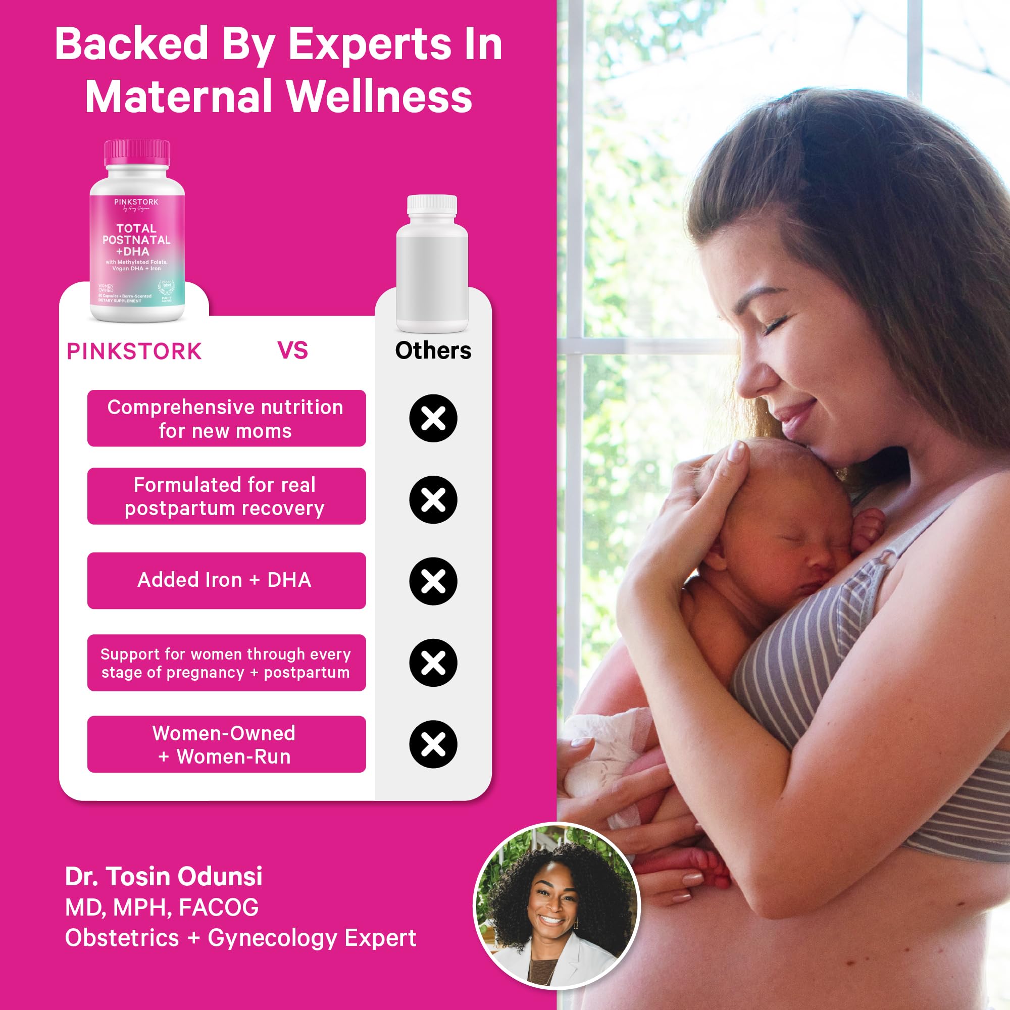 Comparison claiming Pink Stork offers added iron and DHA and postpartum-specific formulation where other postnatals do not, endorsed by Dr Tosin Odunsi, MD MPH FACOG