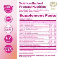 Pink Stork Total Prenatal + DHA supplement facts: 600 mcg DFE methylfolate, 27 mg iron and 200 mg algae DHA per 2 capsules