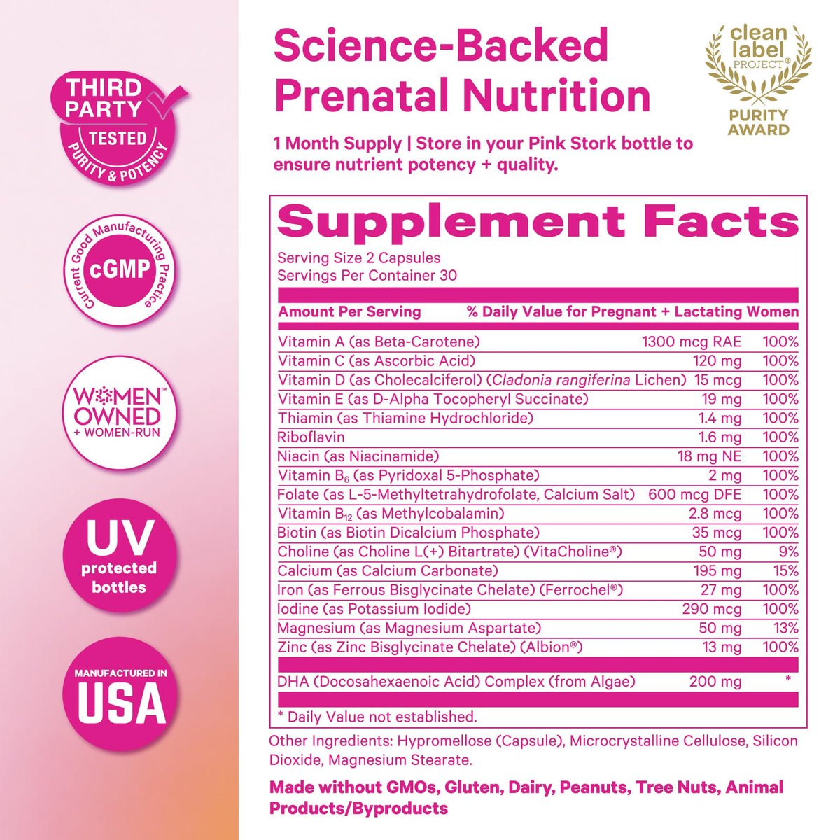 Pink Stork Total Prenatal + DHA supplement facts: 600 mcg DFE methylfolate, 27 mg iron and 200 mg algae DHA per 2 capsules