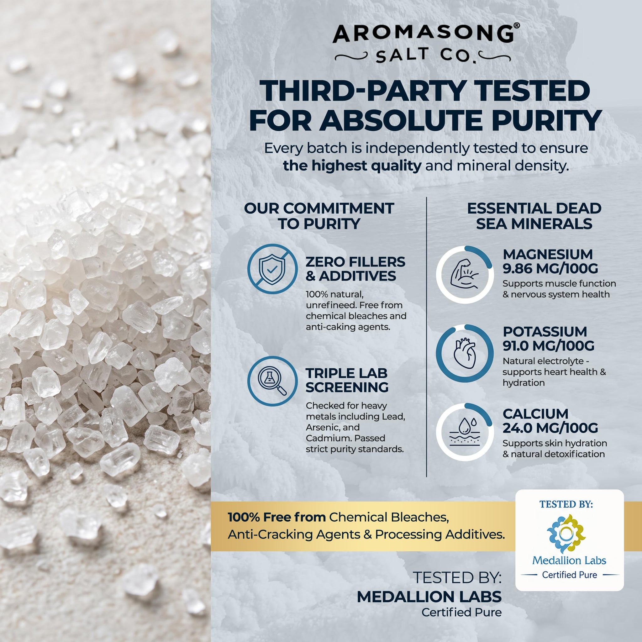 Aromasong salt co. pregnancy bath soak ingredients and purity information with Dead Sea minerals.