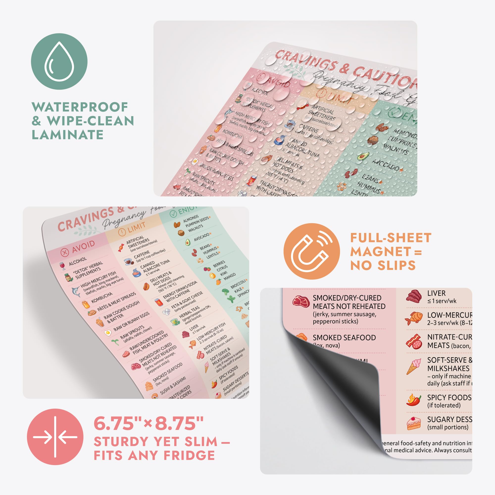 Pregnancy food guide magnet showcasing foods to eat, avoid, and limit during pregnancy in a colorful, waterproof format.