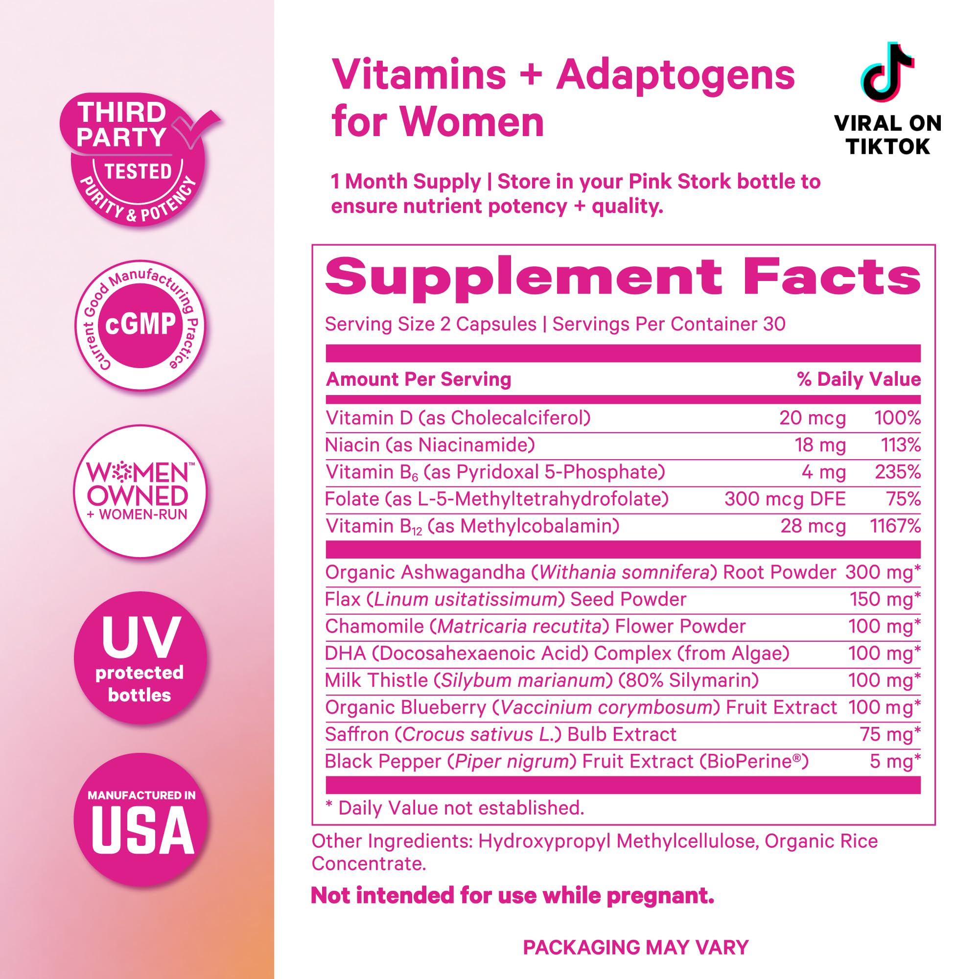 Cortisol support supplement for women ingredient list and supplement facts on packaging