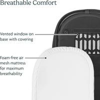 Breathability features of the UPPAbaby Bassinet V3: foam-free air mesh mattress and a vented window in the base