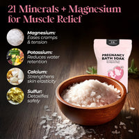 A bowl of Dead Sea salts with a pack of Pregnancy Bath Soak, highlighting minerals for muscle relief, including magnesium.