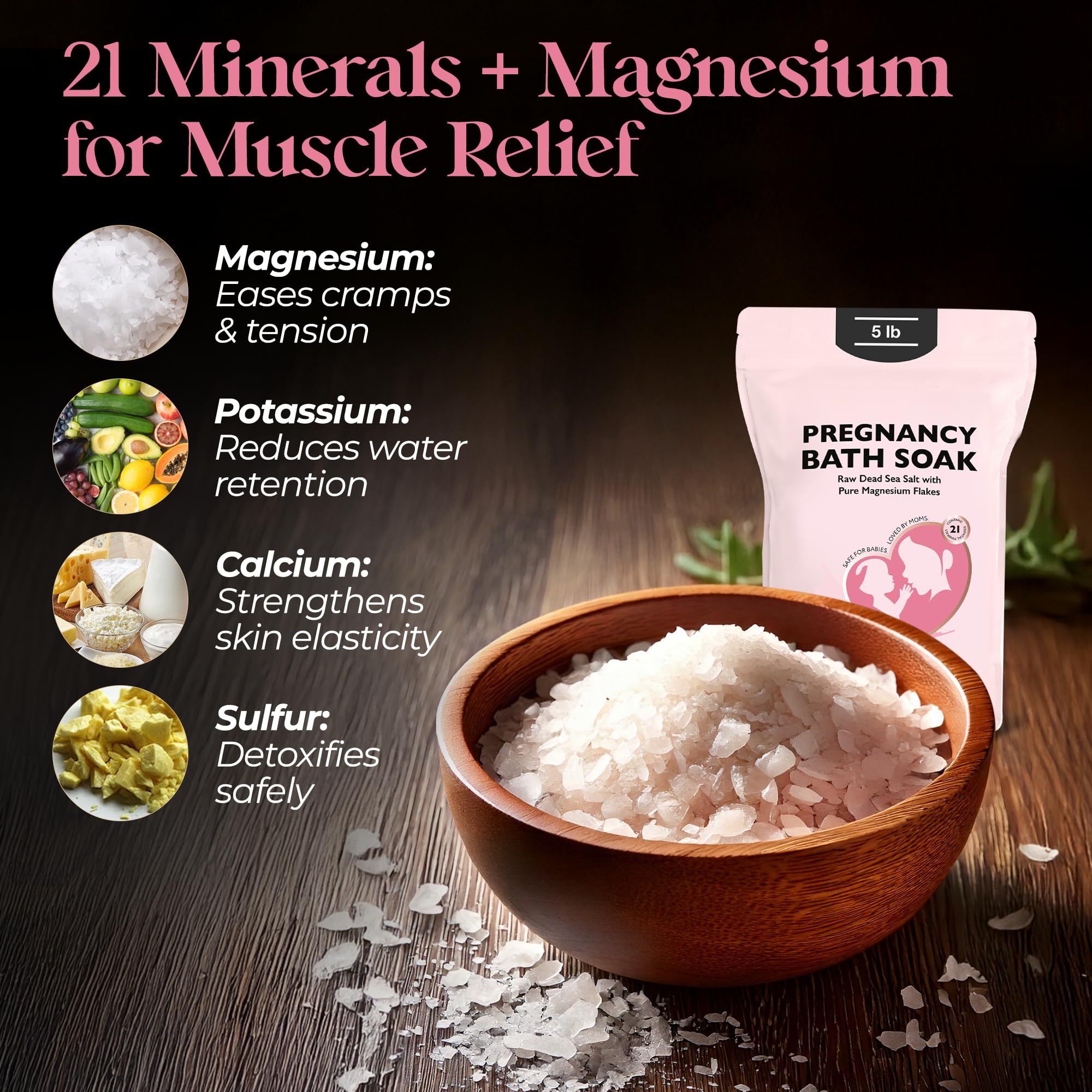 A bowl of Dead Sea salts with a pack of Pregnancy Bath Soak, highlighting minerals for muscle relief, including magnesium.