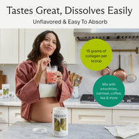 Collagen protein powder for pregnancy with woman enjoying drink, highlights 15g per scoop, easy to mix with smoothies and beverages.