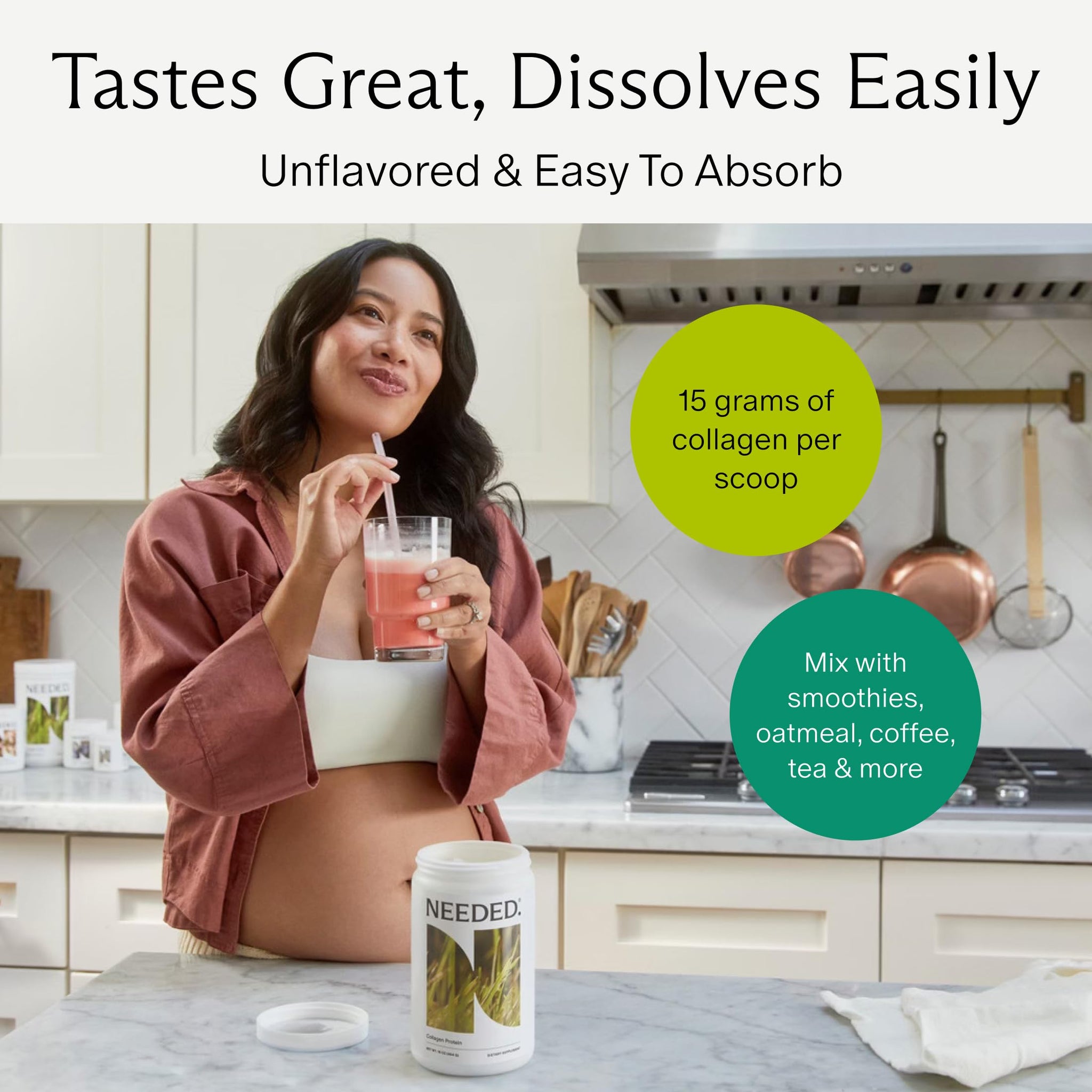 Collagen protein powder for pregnancy with woman enjoying drink, highlights 15g per scoop, easy to mix with smoothies and beverages.
