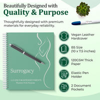 Surrogacy planner with vegan leather hardcover, B5 size, thick paper, pen holder and document pockets.