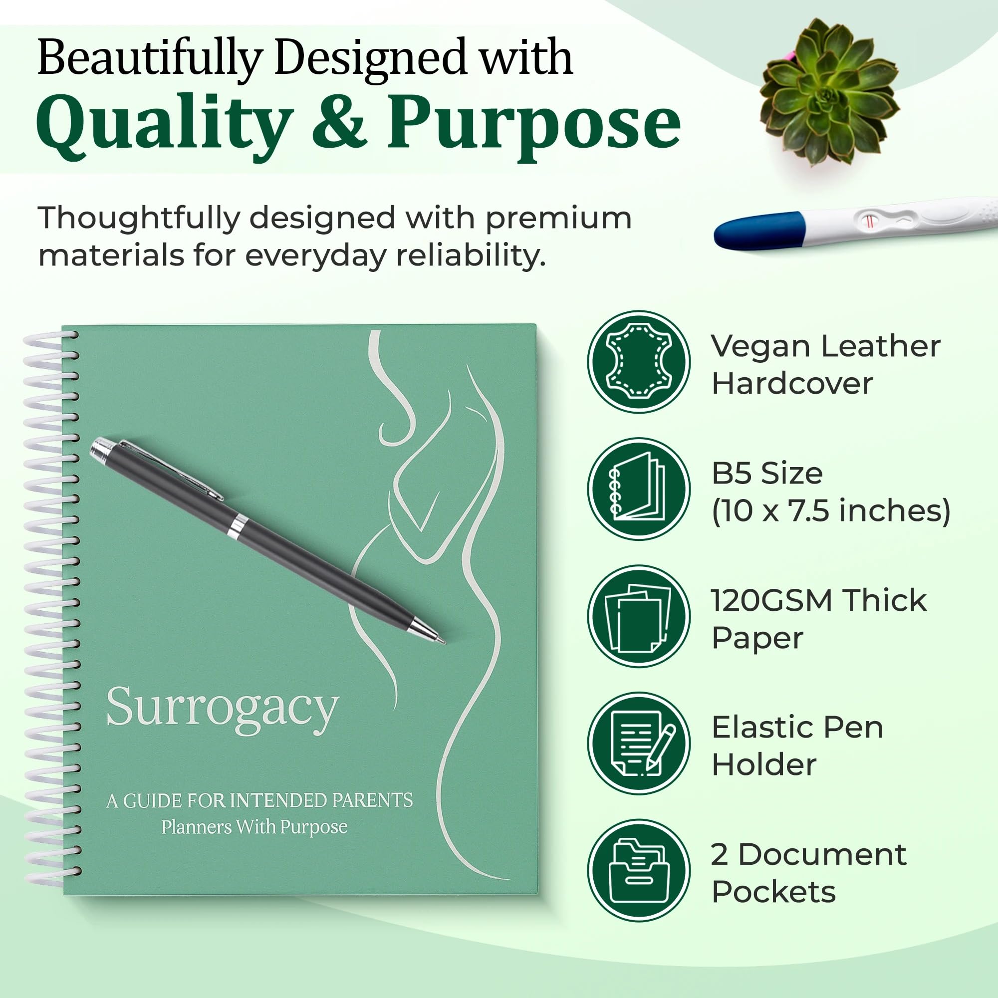 Surrogacy planner with vegan leather hardcover, B5 size, thick paper, pen holder and document pockets.
