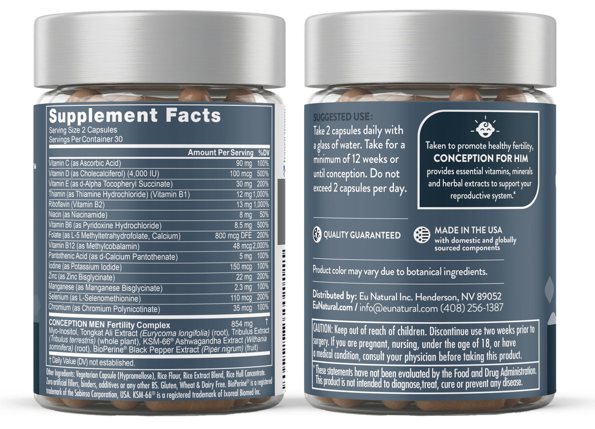 Front and back of the Conception for Him bottle showing the supplement facts panel and directions to take two capsules daily