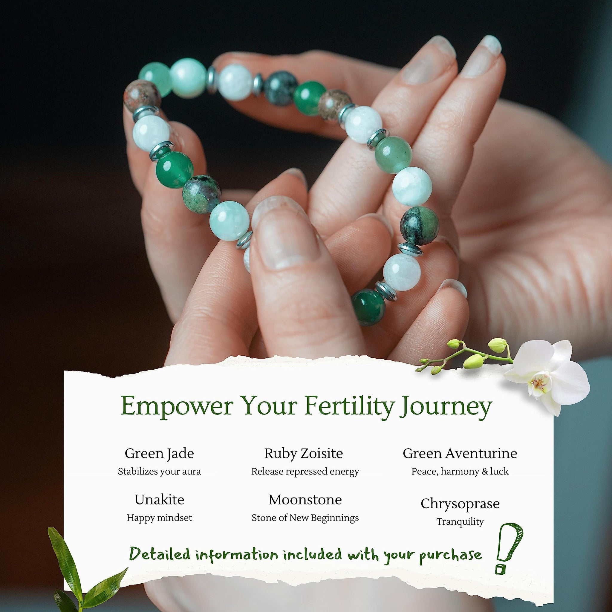 Fertility crystal bracelet made with green aventurine and other gemstones for empowerment during fertility journey.