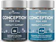 Fertility supplements for couples: Eu Natural Conception for Him and Conception for Her bottles side by side, 60 vegetarian capsules each.