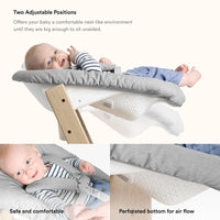 Baby high chair featuring two adjustable positions for comfort and safety, designed for newborns and growing children.