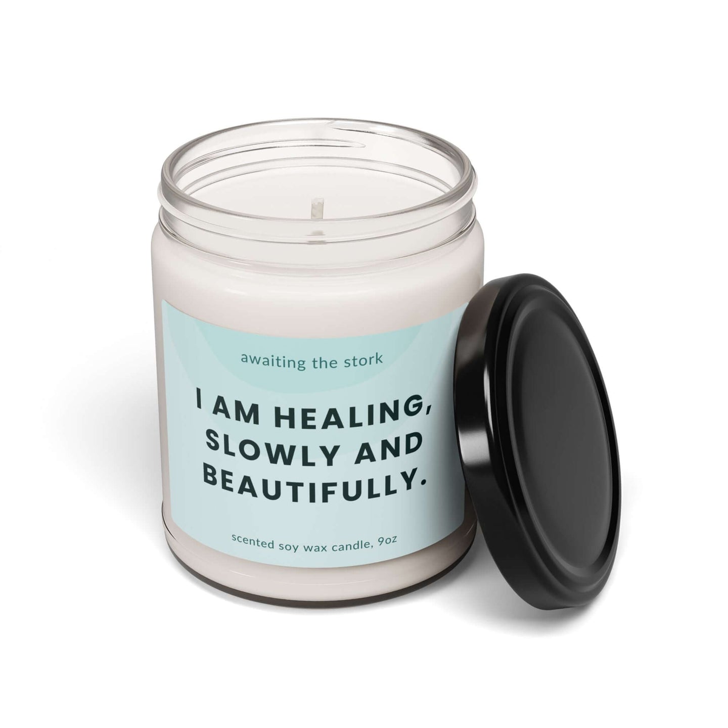 Healing affirmation soy candle, "I am healing, slowly and beautifully" for postpartum and trying to conceive support.