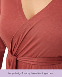 Close-up of the wrap front on the Warm Sienna maternity nursing robe, which opens for breastfeeding access