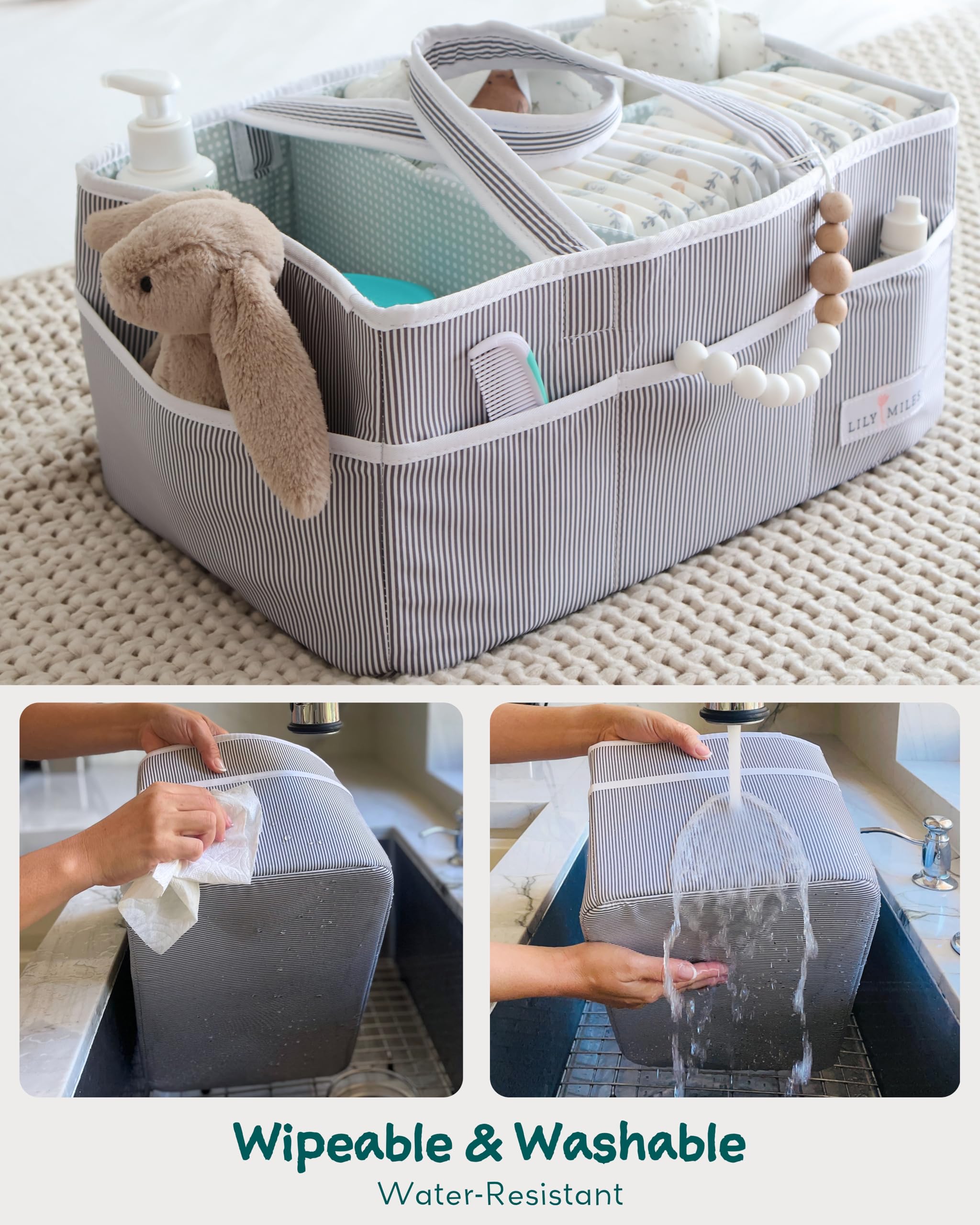 Baby diaper caddy featuring a soft toy, water-resistant design, and easy-to-clean features for newborn essentials.