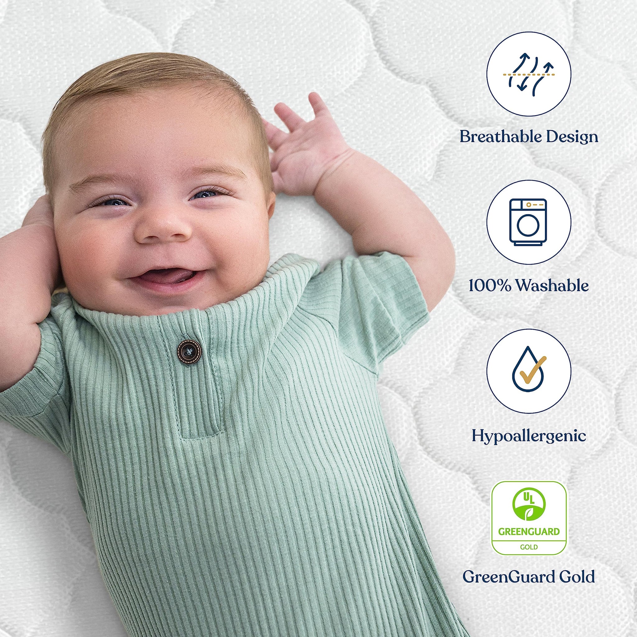 Happy baby lying on a crib mattress with features showing breathable design, 100% washable, hypoallergenic, and GreenGuard Gold certification.