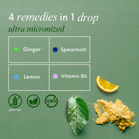 Ginger Drops for Pregnancy Nausea ingredients: ginger, spearmint, lemon, vitamin B6, gluten free and non-GMO.
