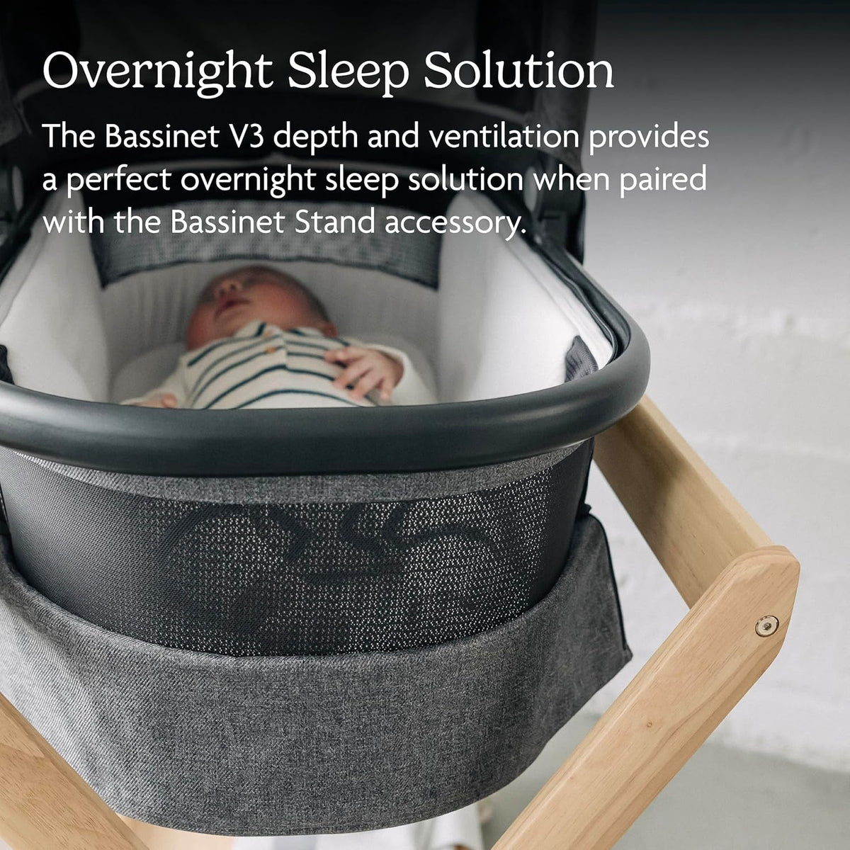 UPPAbaby Bassinet V3 on the separately sold Bassinet Stand, the setup approved for overnight sleep