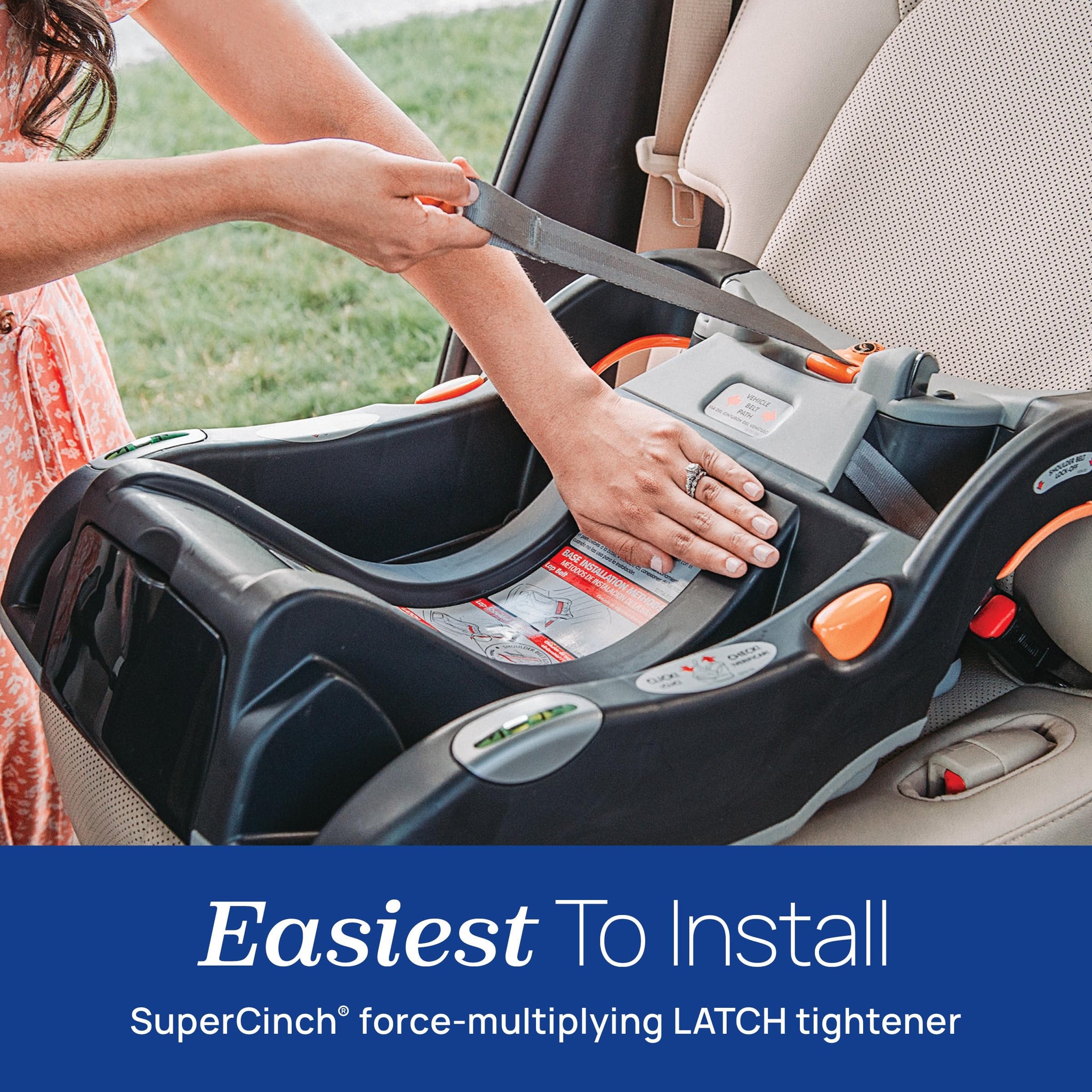 Infant car seat installation demonstrating Chicco KeyFit 30 with LATCH tightener for secure setup.