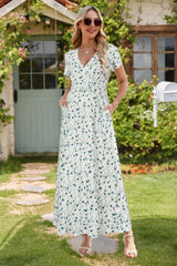 Maternity maxi dress featuring floral print, designed for comfort and style during pregnancy and special occasions.