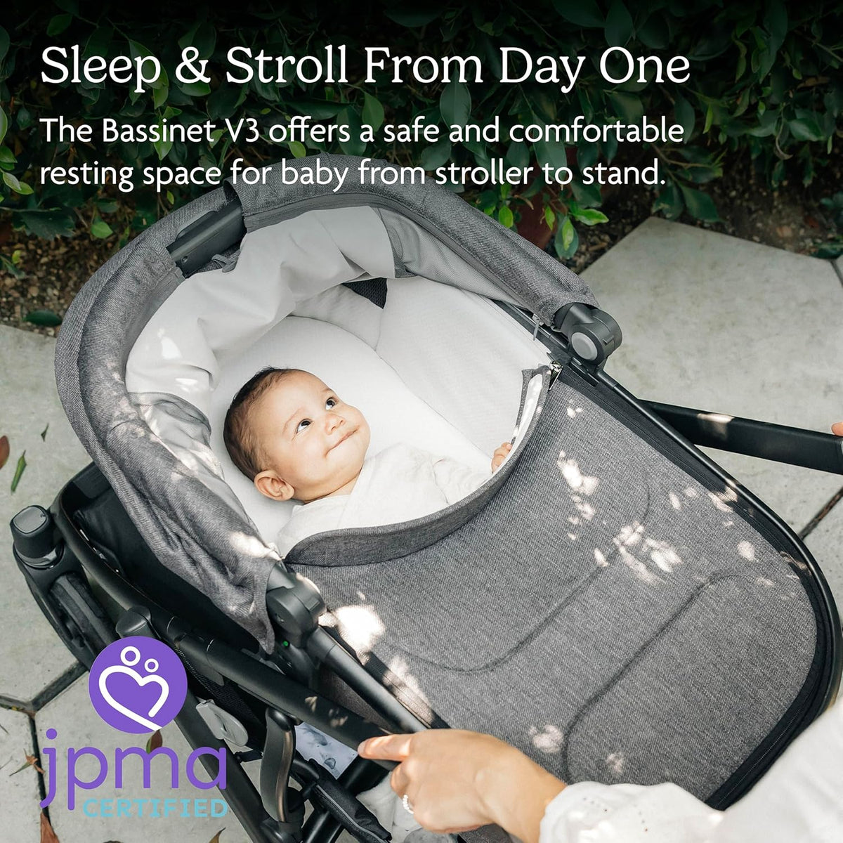 Newborn lying flat in the UPPAbaby Bassinet V3 on a stroller frame, suitable for use from day one