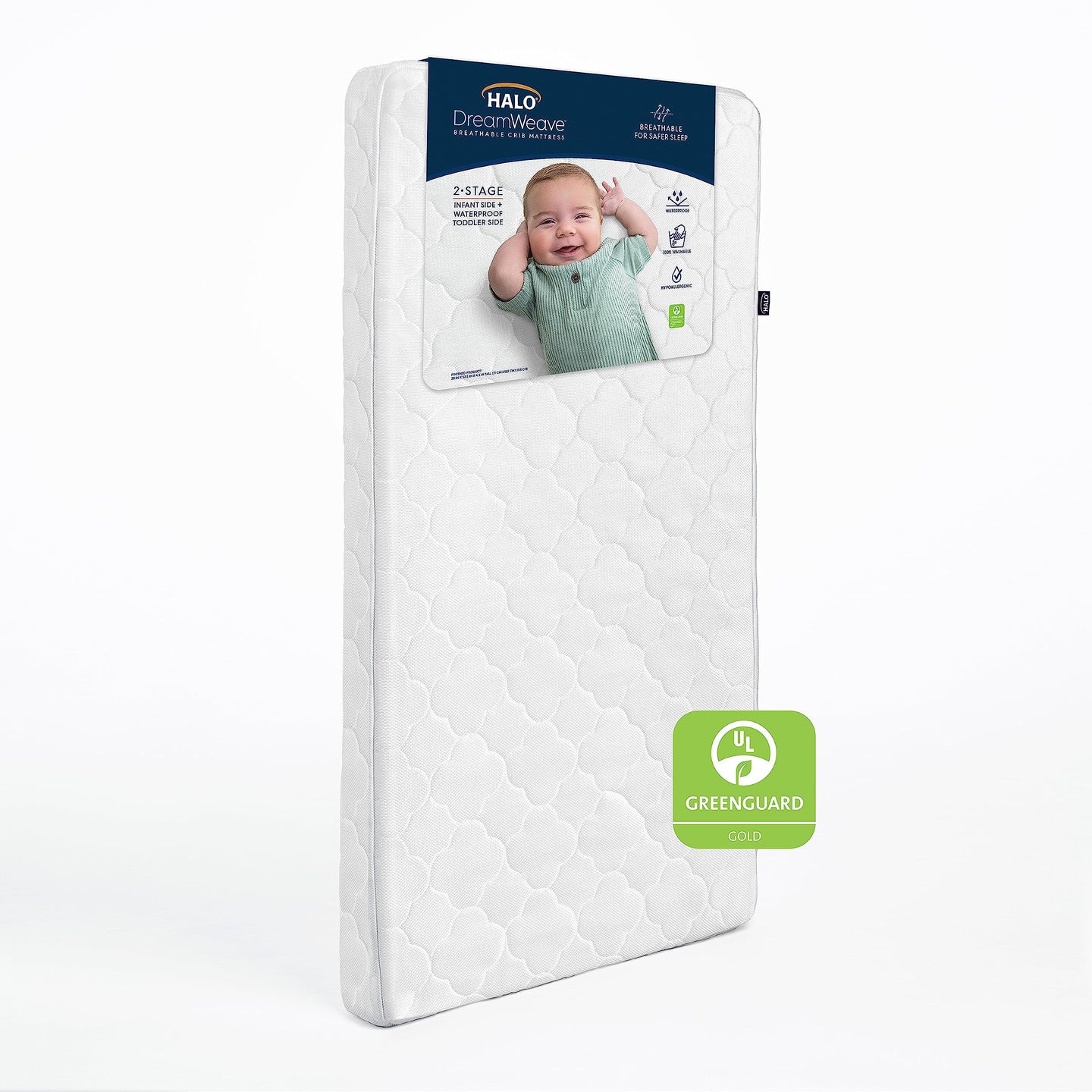 HALO DreamWeave breathable 2-stage crib mattress with a cute baby on the packaging, promoting safe sleep for infants.