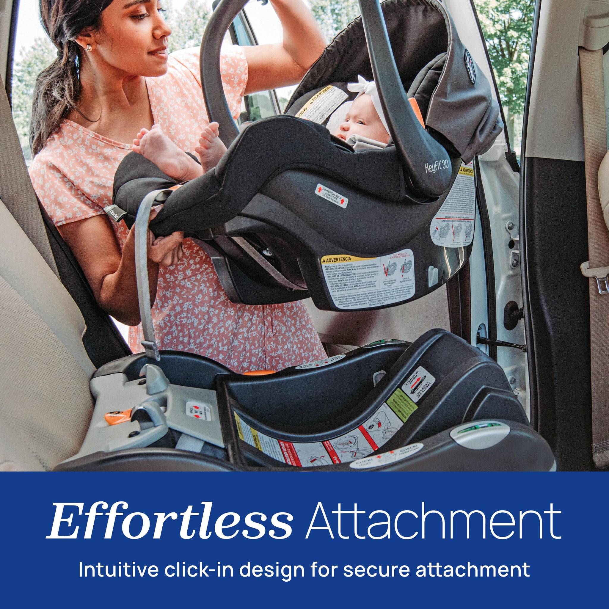 A woman using the Chicco KeyFit 30 infant car seat with effortless attachment design for secure installation.
