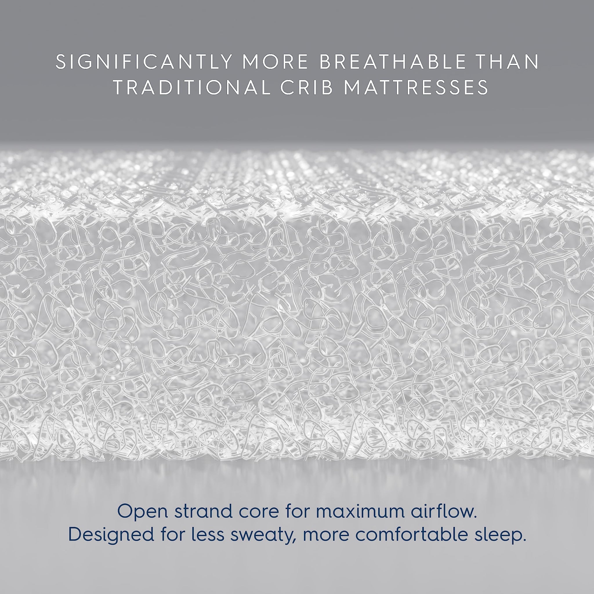 Close-up of the HALO DreamWeave crib mattress showcasing its breathable open-strand core for better airflow.