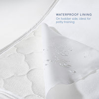 Close-up of HALO DreamWeave crib mattress showing waterproof lining, ideal for potty training.